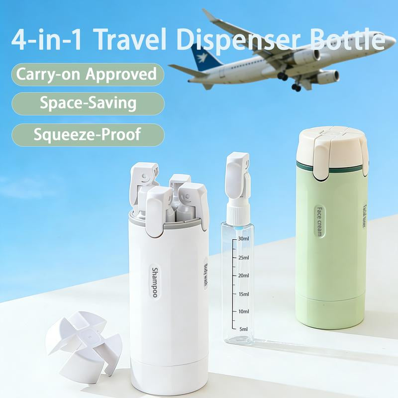 4-In-1 Travel Dispenser Bottle, Leak-Proof Refillable Silicone Squeeze Container with Lock, Compact and Lightweight Toiletry Organizer, Easy to Carry, Ideal for Business Trips, Vacations, and Frequent Travelers